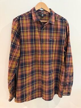 Volcom Plaid Flannel Shirt Men’s XL Orange Navy Yellow Skate Surf Grunge